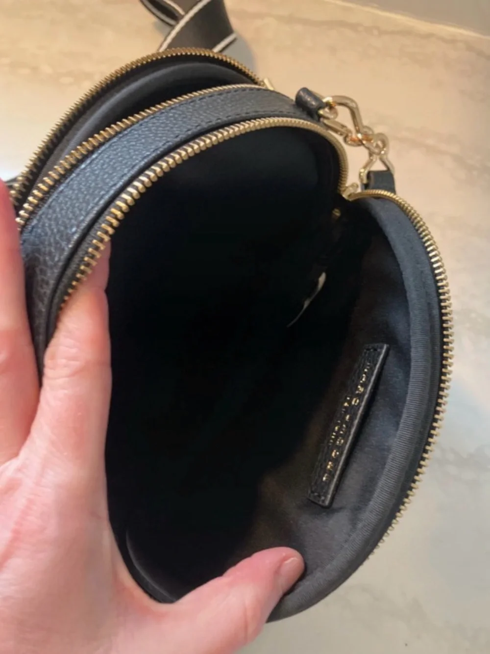 Marc Jacobs Black Pebbled Leather Oval Crossbody with Striped Strap - Picture 15 of 15